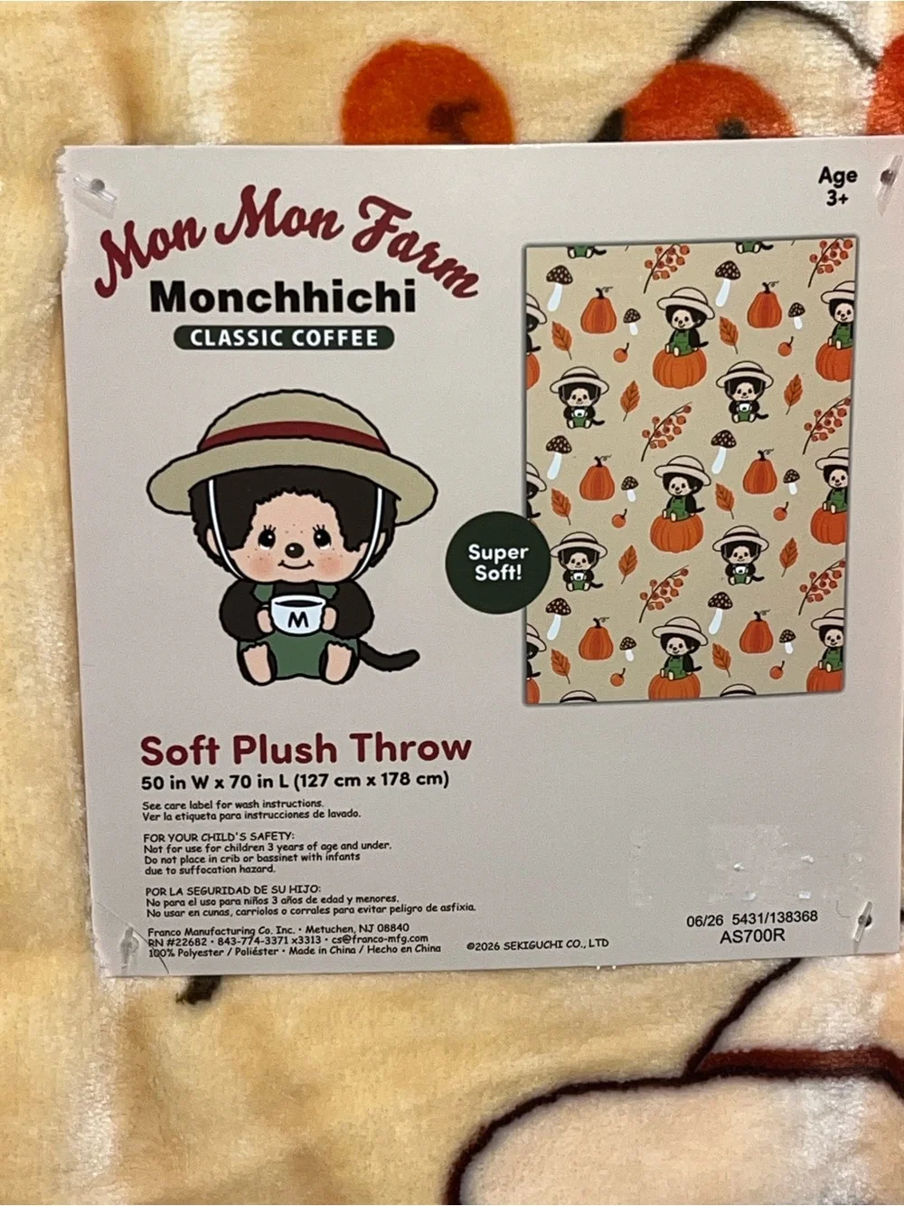 Monchhichi Kids Plush Fall Throw Blanket – Cream & Orange NEW NWT